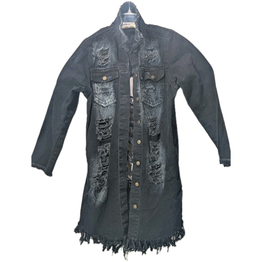 Thrill Jean Jacket Women's Long Blue Button Pockets Denuim Distressed Frayed M
